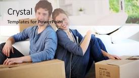  Presentation with broken home upset couple - Presentation theme featuring student engagement - young couple moving in their background and a coral colored foreground