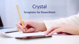  Presentation with student writing - Beautiful presentation design featuring student exam - female hand writing close up backdrop and a sky blue colored foreground