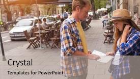  Presentation with old couple - PPT theme having student excursion - couple of young tourists background and a  colored foreground