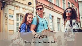  Presentation with old map - Slide set featuring student excursion - multi ethnic friends tourists background and a  colored foreground