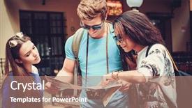  Presentation with old map - Colorful presentation design enhanced with student excursion - multi ethnic friends tourists backdrop and a  colored foreground