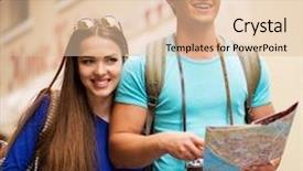  Presentation with old map - Presentation consisting of student excursion - young beautiful couple tourists background and a  colored foreground