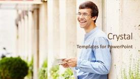  Presentation with abstract blue map - Cool new slide deck with student excursion - young cheerful man in glasses backdrop and a  colored foreground