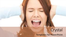  Presentation with woman praying over bible - Amazing presentation theme having student feel bore - bright picture of screaming woman backdrop and a coral colored foreground