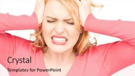  Presentation with woman praying over bible - Beautiful slides featuring student feel bore - bright picture of unhappy woman backdrop and a coral colored foreground