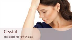  Presentation with woman praying over bible - Audience pleasing presentation theme consisting of student feel bore - bright picture of unhappy woman backdrop and a  colored foreground