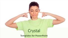  Presentation with ears - Presentation theme enhanced with student feel bore - smiling woman covering her ears background and a soft green colored foreground