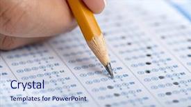  Presentation with questions answers question answer icon - Audience pleasing PPT theme consisting of exam multiple choice - student filling out answers backdrop and a sky blue colored foreground