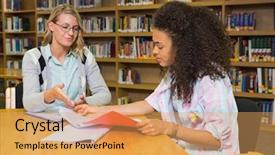  Presentation with university library - Cool new PPT theme with student getting help from tutor backdrop and a yellow colored foreground