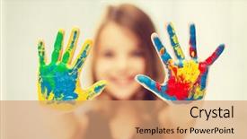  Presentation with school kids - Colorful presentation theme enhanced with student girl showing painted hand backdrop and a coral colored foreground