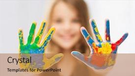  Presentation with art - Cool new theme with student girl showing painted hands backdrop and a coral colored foreground