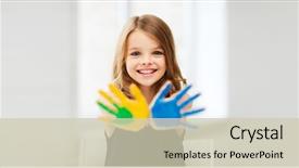  Presentation with backgound of education children art cryst - Colorful slide set enhanced with student girl showing painted hands backdrop and a soft green colored foreground