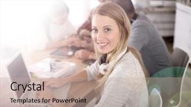  Presentation with med student in class - PPT theme with student girl sitting in class background and a mint green colored foreground