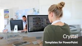  Presentation with desktop - Presentation theme consisting of student girl working on desktop background and a dark gray colored foreground