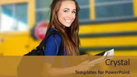  Presentation with class - Amazing presentation design having student going to class at her college backdrop and a gold colored foreground