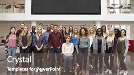  Presentation with group - Slide set with student group standing in atrium background and a gray colored foreground