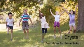  Presentation with child jumping tree - Beautiful slide set featuring student growth - cheerful friends jumping on grassy backdrop and a  colored foreground