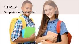  Presentation with backpacks - Slides enhanced with student growth - cheerful teenagers with backpacks holding background and a lemonade colored foreground