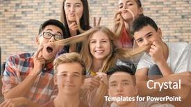  Presentation with teenagers - PPT theme enhanced with student growth - group of funny teenagers indoors background and a coral colored foreground