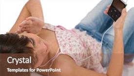  Presentation with ear - Cool new presentation with student - happy female teenager listen to music with ear buds holding mp3 player backdrop and a tawny brown colored foreground