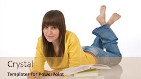  Presentation with homework - Audience pleasing PPT layouts consisting of student - happy female teenager write homework with book on white background backdrop and a yellow colored foreground