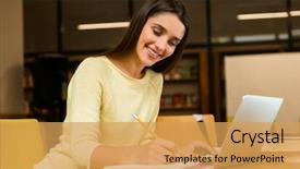  Presentation with happy image - PPT theme with student happy woman in library background and a yellow colored foreground