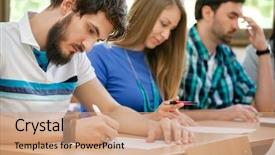  Presentation with test exam student - Slides having student have test in classroom background and a  colored foreground