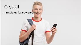  Presentation with student - Slide deck having image of smiling male student background and a light gray colored foreground