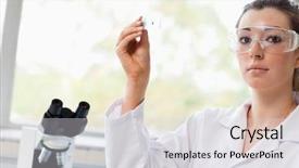 Presentation with microscope - Beautiful presentation featuring beautiful science student holding a microscope slide in a laboratory backdrop and a light gray colored foreground