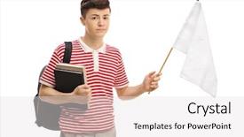  Presentation with sad - Beautiful slide deck featuring student holding a white flag backdrop and a light gray colored foreground