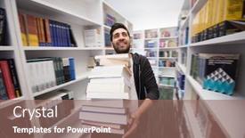  Presentation with persistence - Slide deck consisting of student holding lot of books in school library hard worker and persistence concept background and a coral colored foreground