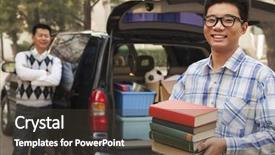  Presentation with student housing - Colorful PPT theme enhanced with student housing - boy unpacking car for college backdrop and a dark gray colored foreground