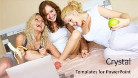  Presentation with bed - Theme enhanced with student housing - three happy pretty girls background and a  colored foreground