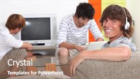  Presentation with relaxing - PPT layouts enhanced with student housing - three lads relaxing at home background and a coral colored foreground