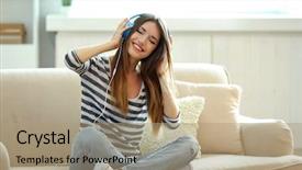  Presentation with music headphones - Slide deck enhanced with student housing - woman listening music in headphones background and a coral colored foreground