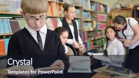 Presentation with book glasses - PPT theme having student in black jacket and glasses on background of shelves with books and other students read book and look at camera shallow dof background and a wine colored foreground