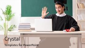  Presentation with greek column front - PPT layouts featuring student in front of green background and a soft green colored foreground