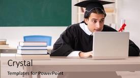  Presentation with green - Audience pleasing PPT theme consisting of student in front of green backdrop and a coral colored foreground