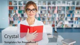  Presentation with university library - Presentation theme with student in glasses university library background and a light blue colored foreground