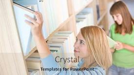  Presentation with search - PPT layouts consisting of student in library - two woman search for book in bookshelf background and a coral colored foreground