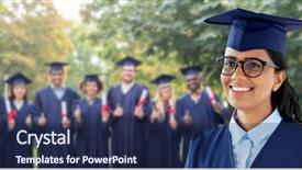  Presentation with classmates - Slide set enhanced with student in mortarboard and bachelor background and a navy blue colored foreground