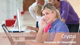  Presentation with business training - PPT theme having student intern - young blond woman in business background and a  colored foreground