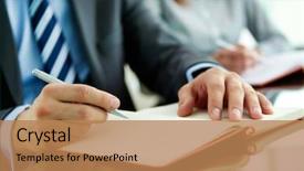  Presentation with notebook - Slide set featuring student journal - close-up of a business worker background and a coral colored foreground