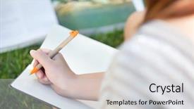  Presentation with student writing - PPT theme with student journal - close-up of a girl writing background and a light gray colored foreground