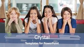  Presentation with desk - PPT theme with student journal - portrait of schoolchildren leaning background and a ocean colored foreground