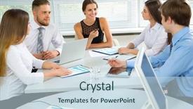  Presentation with meeting - Cool new presentation theme with student leadership - group of happy businesspeople backdrop and a sky blue colored foreground