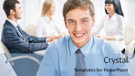  Presentation with conference - Amazing slide deck having student leadership - happy business man with colleagues backdrop and a  colored foreground