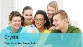  Presentation with travel globe - PPT theme consisting of student looking at earth globe background and a light blue colored foreground