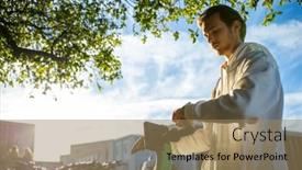  Presentation with environmentally friendly - Presentation design consisting of student-looking-at-his-smartwatch background and a coral colored foreground