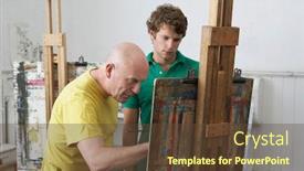  Presentation with art - Presentation design with student-looking-on-as-artist background and a tawny brown colored foreground